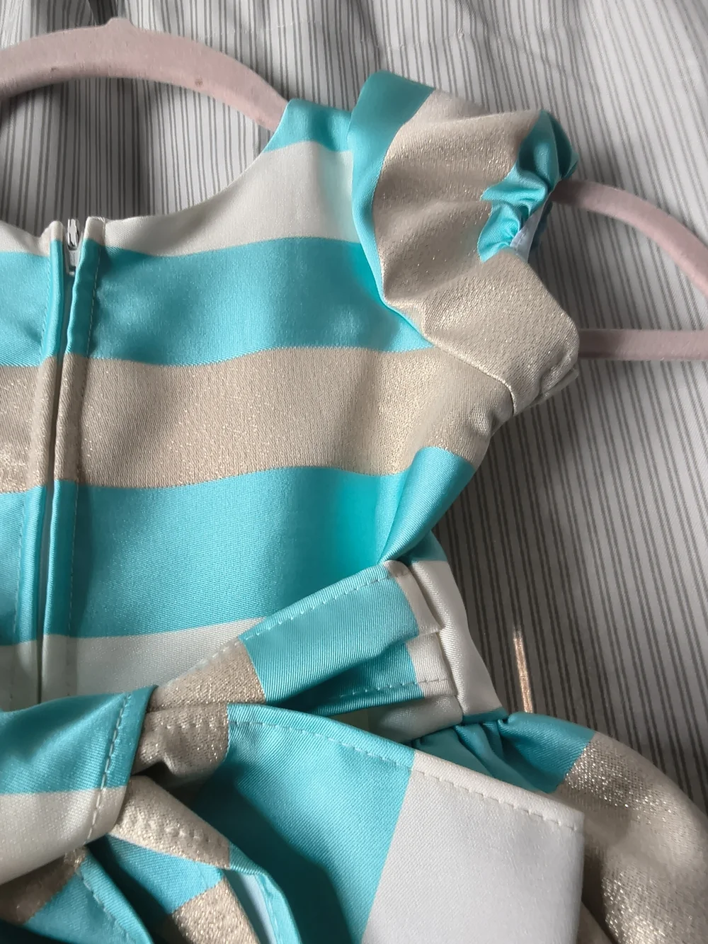 Girls Teal and Cream Striped Party Dress with Bow Size 3